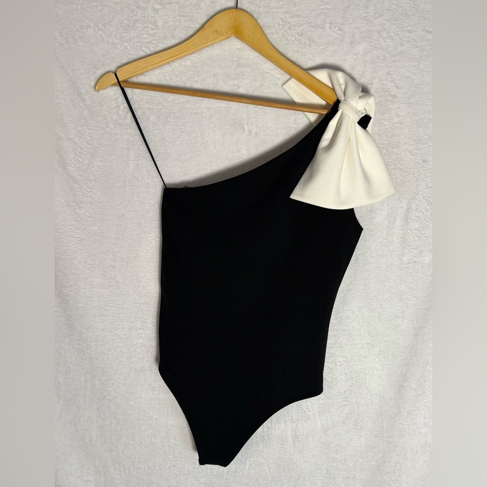 Express body suit Black One-Shoulder Dress with White Bow